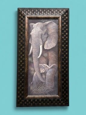 "Protective Care" by Ruane Manning – Framed Elephant & Calf Art Print